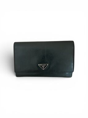 Prada Black Tessuto Continental Wallet with Silver Triangle Logo